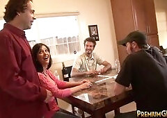 Naughty Hot Babe meet with four men. She strip of her clothes to show her big tits and the mens start fucked and anal the babe and spray the cums all 