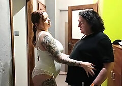 A breasty student can't pay her rent. So the obese landlord comes over and suggests to suck him off and gulp so that guy can settle the bill. Thi