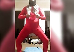 Yoga resistance band wearing red spandex and wig (Raunchy Edition)