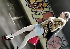 Hot Sissy Ponyboy Walking around the Parking in his Hose and Hot Yiff Coat