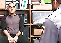 Daddy mall cop teaches a straight Latin guy a lesson about stealing