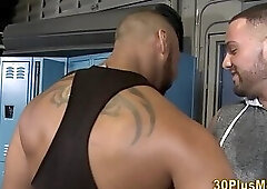 Black cock rides trio ass in gay locker room
