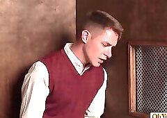 Missionary boy sucks old priests cock through the hole