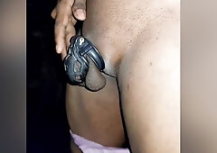 Crossdresser Sissy Simran Caged And Plugged Piss Walking