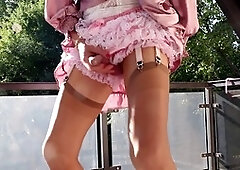 Outdoor fun with Chantal Fouet in shiny tights while showing off and getting off