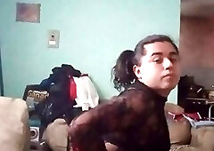 Sexy femboy jerks in transparent dress