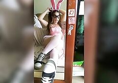 Cute and hawt student, wearing a cute bunny cosplay and masturbation herself in front of the mirror