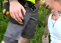 Construction Workmen tear up outdoors and jism