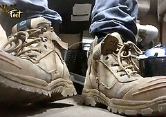 Gay threadbare socks, work boots, pedal pumping