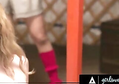 EBONY CUTIE & WHITE BRUNETTE HAIR RIDE STRADDLED LEGS OF HOTTEE WHITE GAL CAMP AS ANGELS TEACHERS SEE DISCIPLE LESSONS