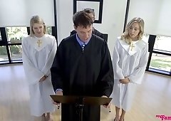 Sinful babe Haley Reed goes wild on a hard pole in front of priest