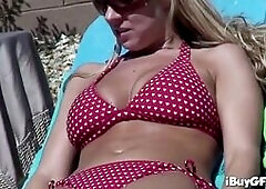 Carolyn Reese have shower showing her big tits and pussy. She shaving her legs with cream. After the shower she wearing bikini outdoor