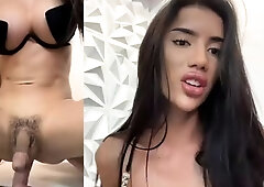 Tattood shemale tranny plays with ass during masturbation