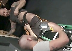 Muscular Gay guy on a Ladder gets milky pecker