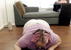 SSBBW is eating the cake and posing in front of the camera in the late afternoon