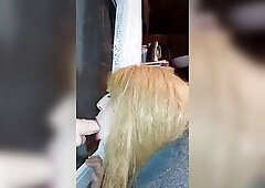 Trap sissy sucking sex-toy in window