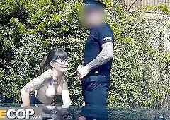 Policeman fucks a geek and spunks over her glasses - Fake Cop