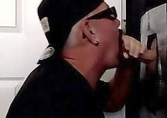 Mature DILF slurping on gloryhole cock till mouth spermed