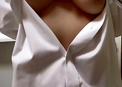 Training Nipples With Tongs Wearing Boyfriends Baggy Y Shirt, F Cup, Areola, Nipple, Breasts