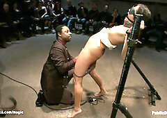 Little brunette rough fucked in public