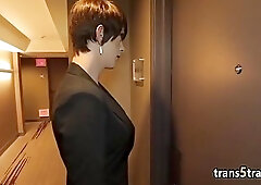 Seductive brunette shemale drilled with a big cock in a hotel room