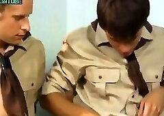 Three horny boy scouts at the camp fuck bareback give blowjobs and eat cum