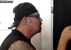 Real gloryhole moustache DILF sucks cock in private home BJ