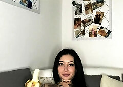 Busty curly brunette with big boobs fucks on couch