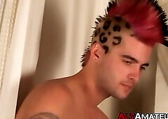 Punk with Cherokee hair pulling on his hard cock