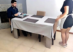 Waitress with creamy vagina gets an inward jizz flow underneath the restaurant table