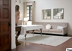 Shemale masseuse throats and rides black customer big black cock