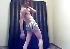 Transgirl Stripping to Merely Her Pants, Walking Cute