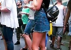 Sexy slender amateur teen with fabulous legs upskirt outside