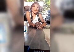 My sexy ally uses a dildo in public and I use the remote.