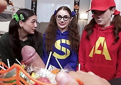 Cute teens Bella Blu, Jade Valentine and Megan Mistakes get banged in the living room