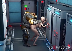 Shaved sci-fi babe in tight spacesuit takes deep anal and throat pounding from masked alien commander at Mars base camp