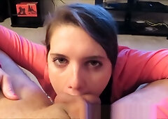 Pink-shirted brunette takes it deep in the ass and down her throat in POV