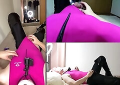 Amateur crossdresser Rikrik goes solo in a pink swimsuit for a cum show with three cameras