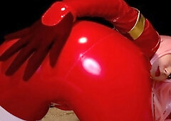 Femdom MILF vixen in red latex bodysuit plays with herself