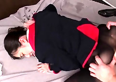 Elegant Asian babe in pantyhose orgasms between two cocks