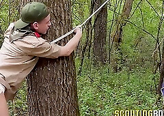 Uniform hunk Angus drills tied twink raw after anal play