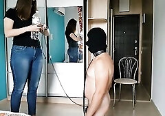 Mastix Alex trains her serf. That babe puts him on a leash, whips, rides with a freight,tramples, makes him bend down and giving a kiss her feet. In t