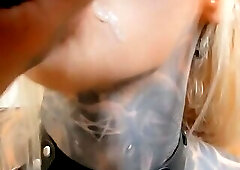 Two gorgeous girls take a cumshot