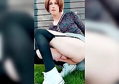 Cute transsexual in enjoying playing outdoor