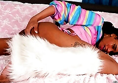 EBONY-SHEMALES Black Trans Woman in Pink Top Widens Legs and Masturbates on Couch