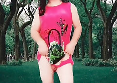 Nice face public steaming marvelous dancer in the park model cosplayer