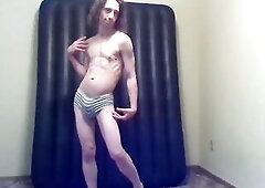Transgirl Stripping to Merely Her Pants, Walking Cute