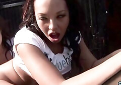 Priceless looking chick Jem masturbating with hot Rio Lee Outdoor