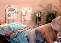 Busty tattooed blonde squirting all over the big tits nurse