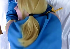 Dirty minded blonde in a costume is kneeling on the floor and sucking her partner's dick